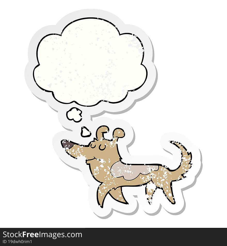 cartoon dog and thought bubble as a distressed worn sticker