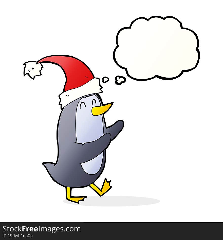 cartoon christmas penguin with thought bubble