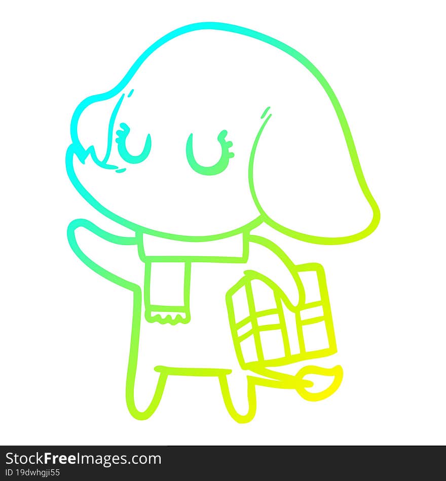 Cold Gradient Line Drawing Cute Cartoon Elephant With Gift