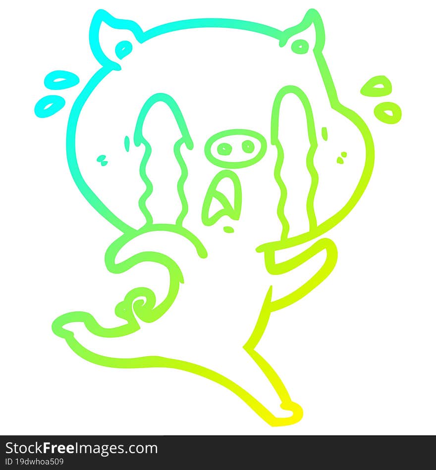 cold gradient line drawing of a crying pig cartoon