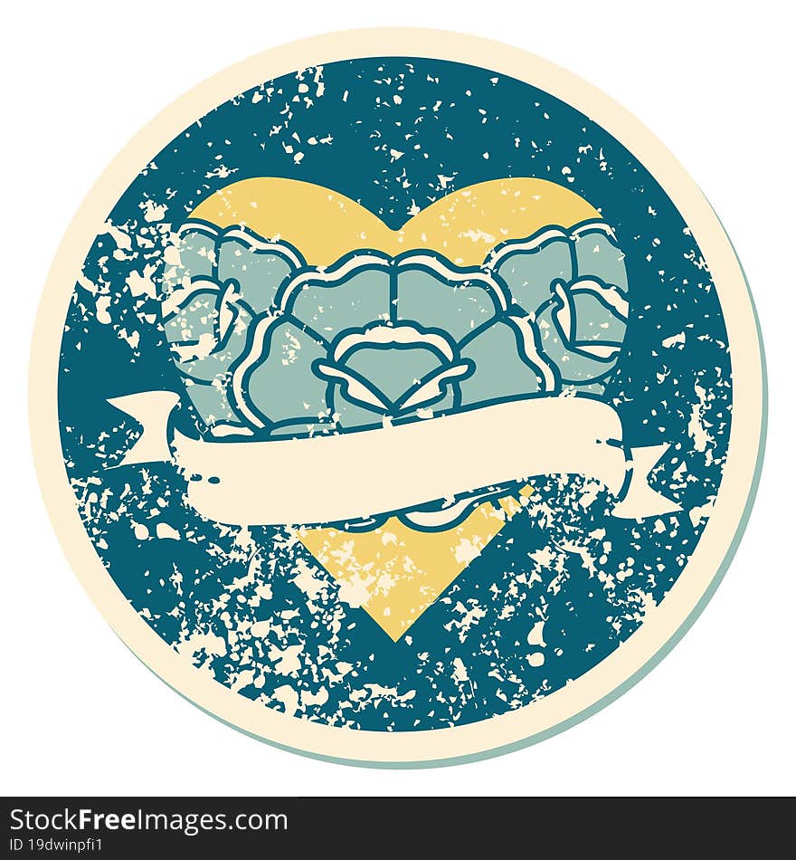 Distressed Sticker Tattoo Style Icon Of A Heart And Banner With Flowers