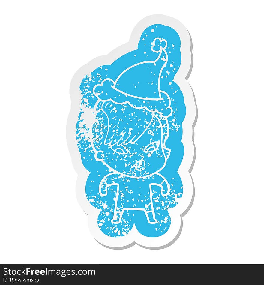 cartoon distressed sticker of a surprised girl wearing santa hat