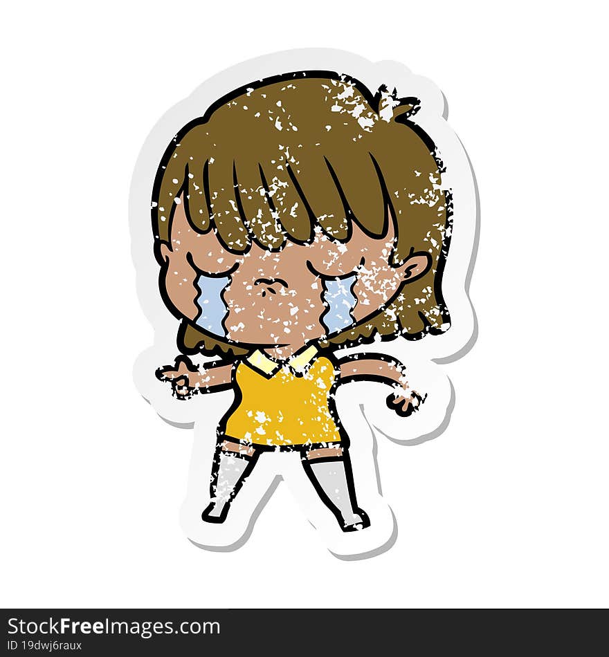 distressed sticker of a cartoon woman crying