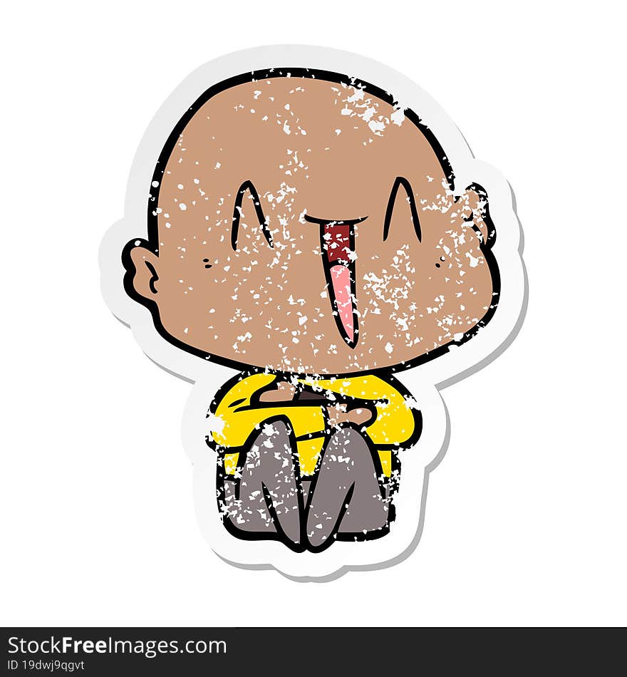 distressed sticker of a happy cartoon bald man