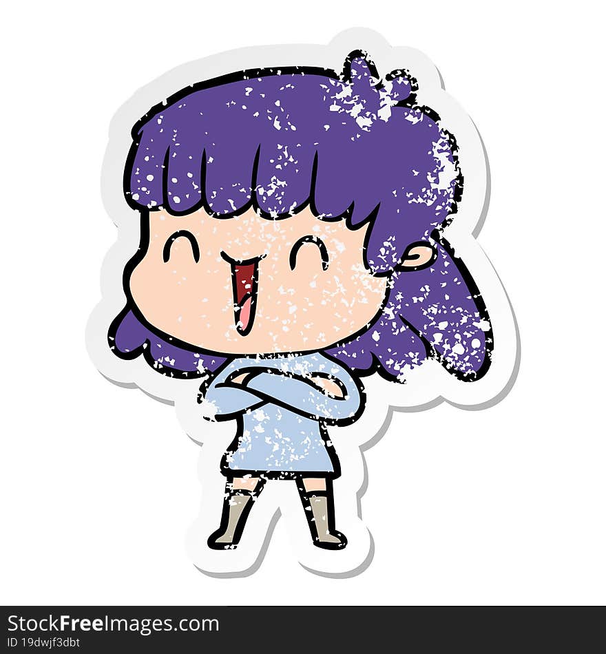 distressed sticker of a cartoon woman laughing