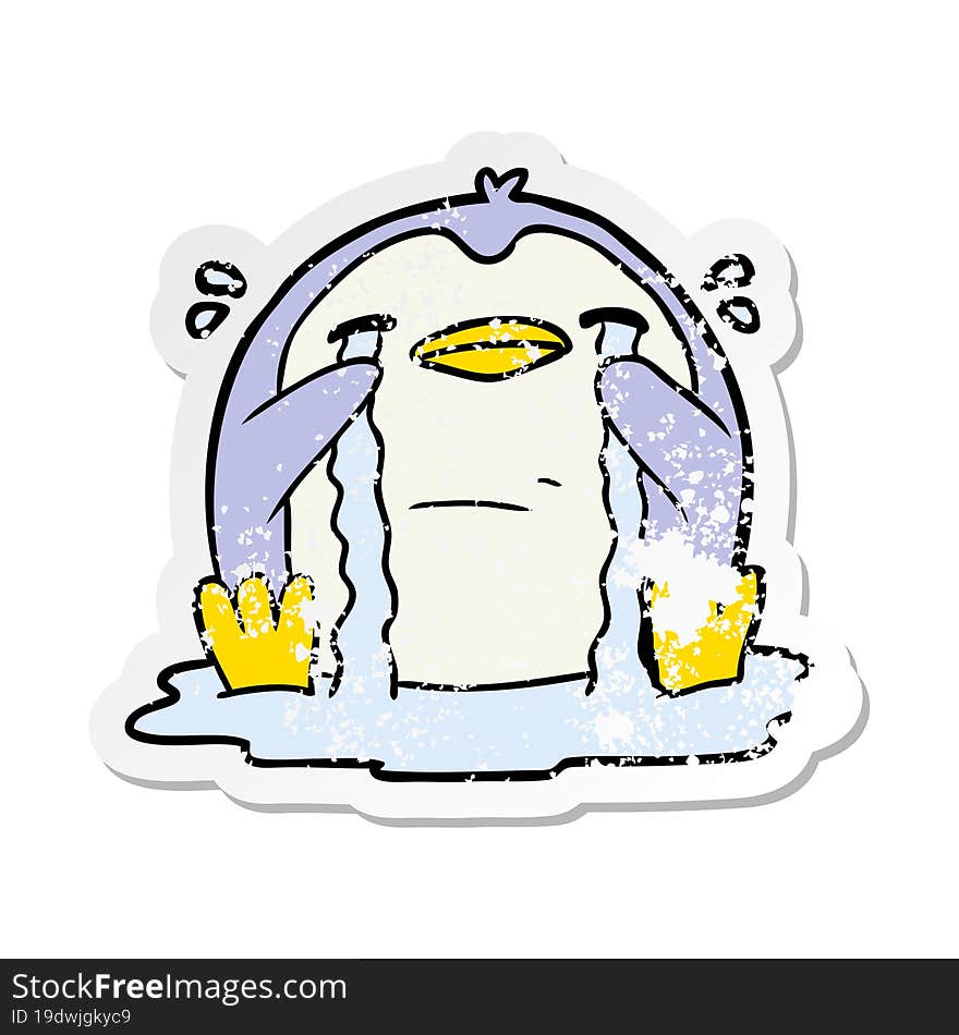 distressed sticker of a cartoon crying penguin