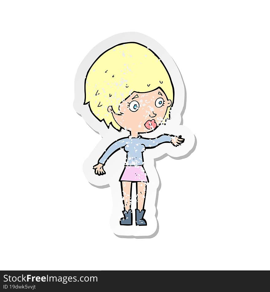 Retro Distressed Sticker Of A Cartoon Concerned Woman Reaching Out