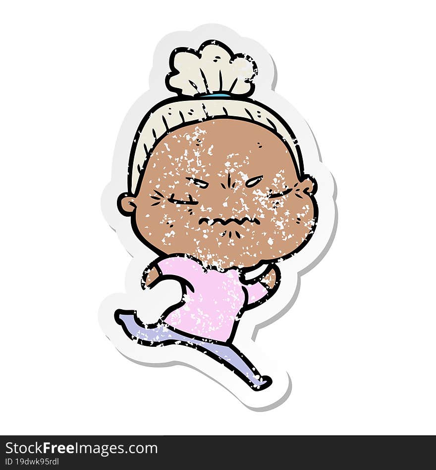 distressed sticker of a cartoon annoyed old lady