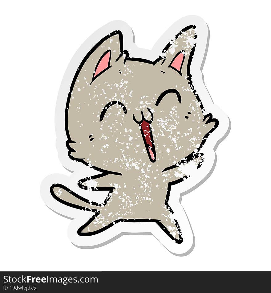 distressed sticker of a happy cartoon cat