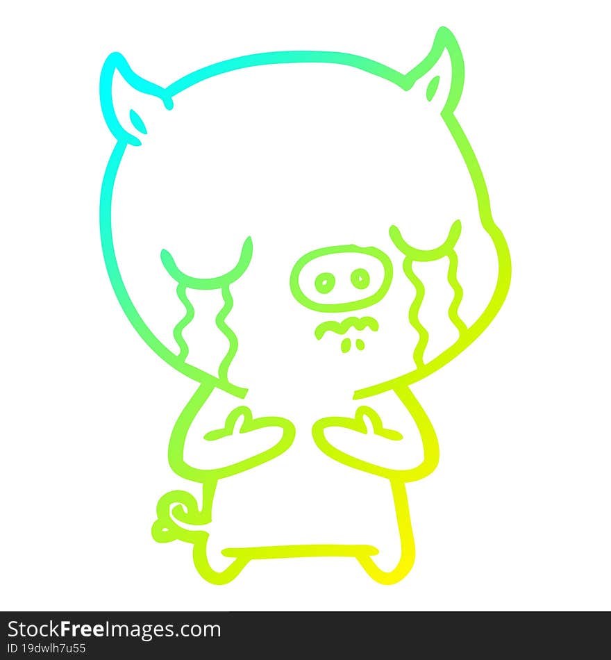 Cold Gradient Line Drawing Cartoon Pig Crying