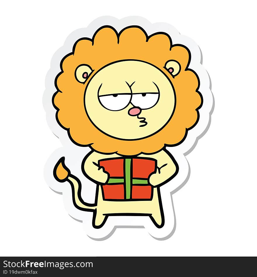 Sticker Of A Cartoon Bored Lion With Present