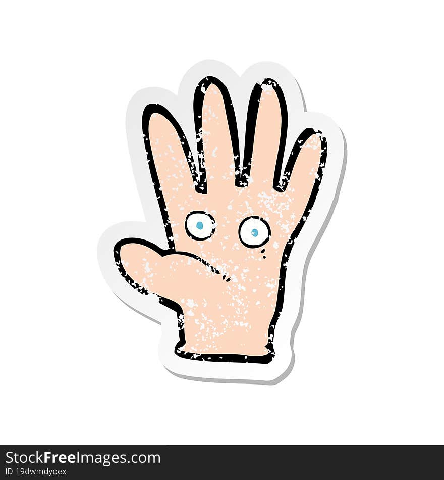 retro distressed sticker of a cartoon hand with eyes