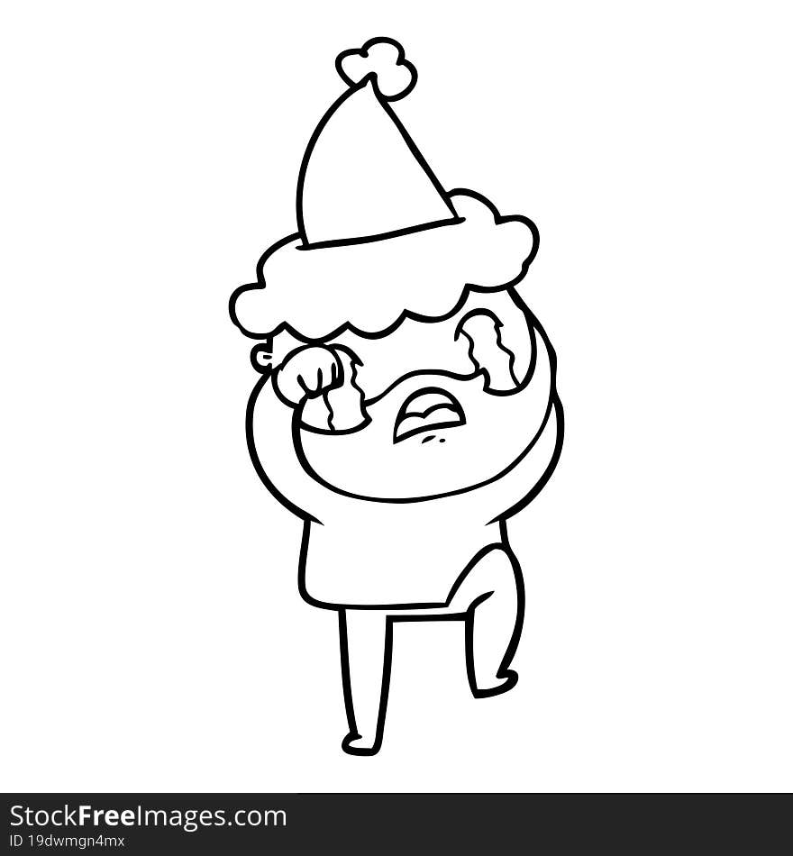 hand drawn line drawing of a bearded man crying and stamping foot wearing santa hat