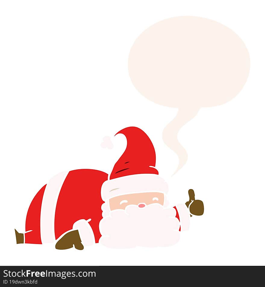 cartoon sleepy santa giving thumbs up symbol with speech bubble in retro style