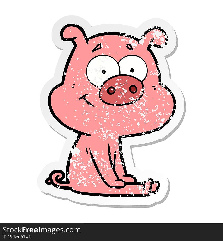 Distressed Sticker Of A Happy Cartoon Pig Sitting