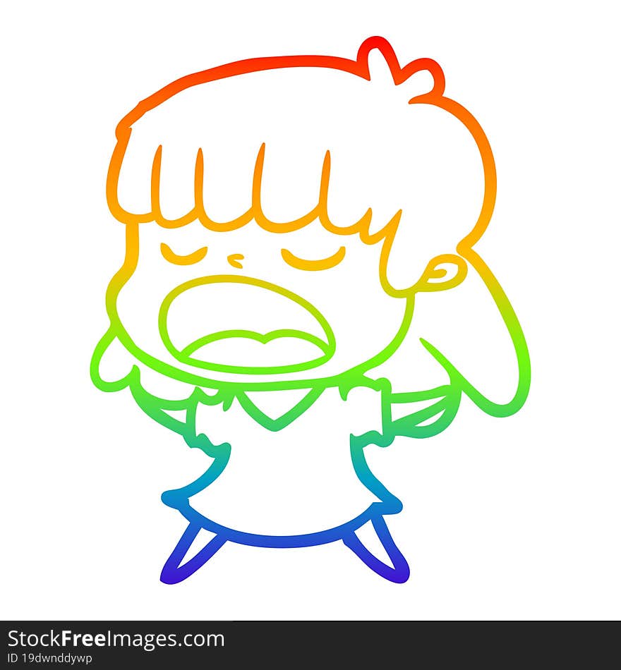 rainbow gradient line drawing of a cartoon woman talking loudly