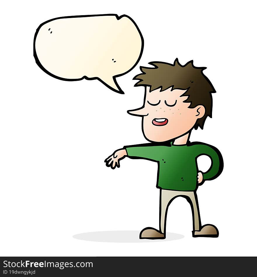 cartoon man making dismissive gesture with speech bubble