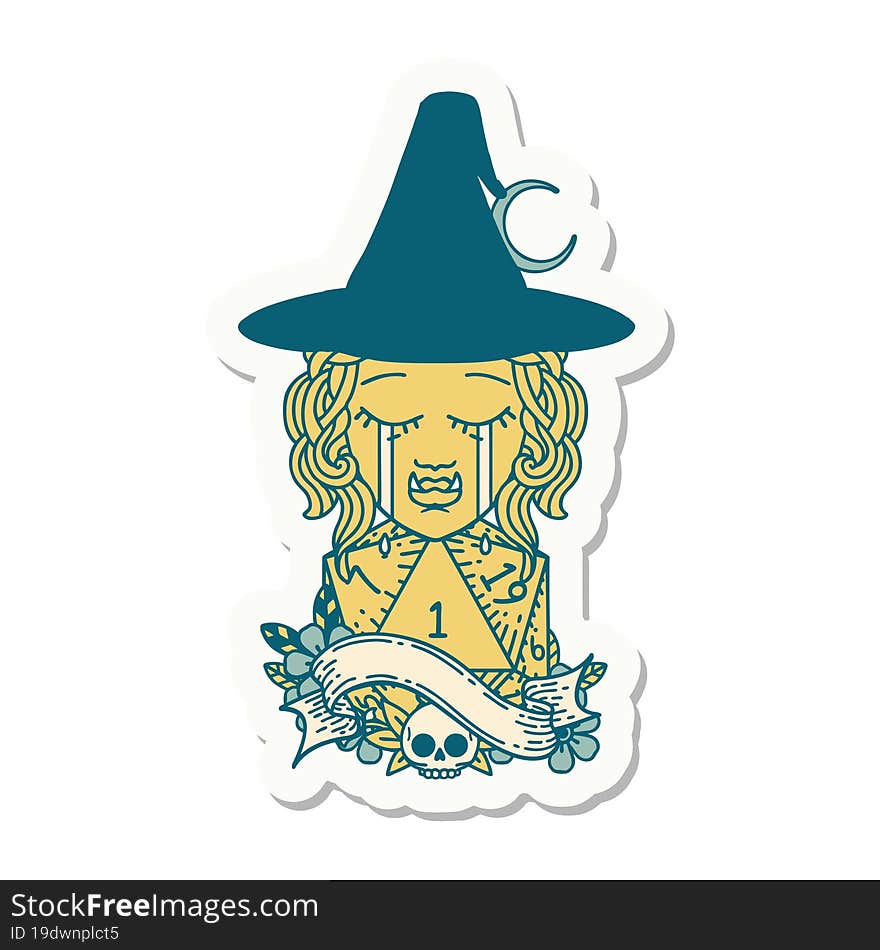 sticker of a crying half orc witch character face with natural one d20 dice roll. sticker of a crying half orc witch character face with natural one d20 dice roll