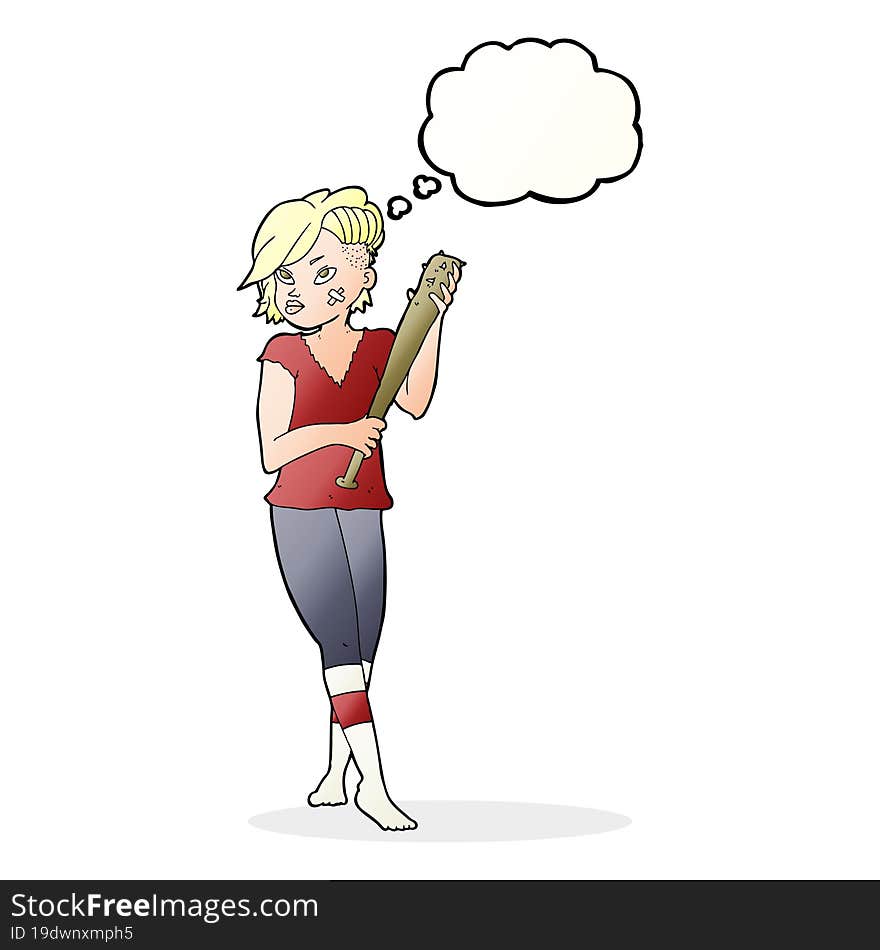 cartoon pretty punk girl with baseball bat with thought bubble