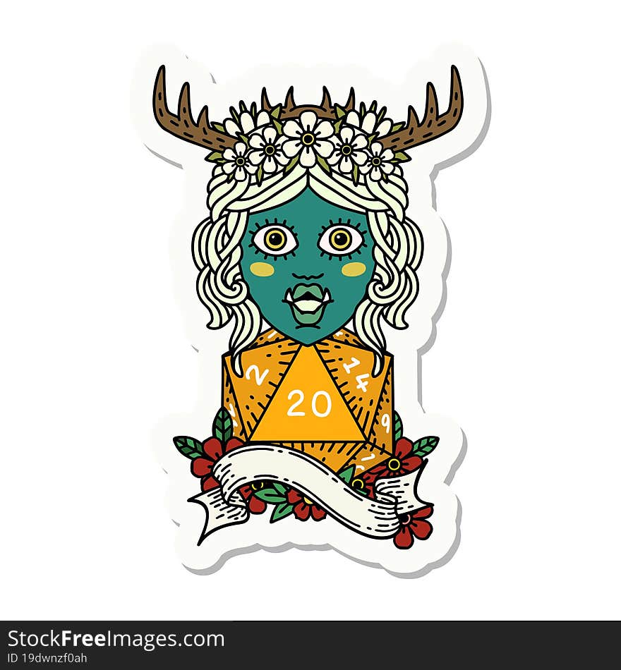 orc druid character with natural twenty dice roll sticker