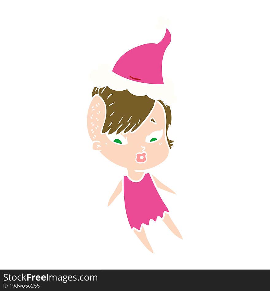 flat color illustration of a surprised girl wearing santa hat