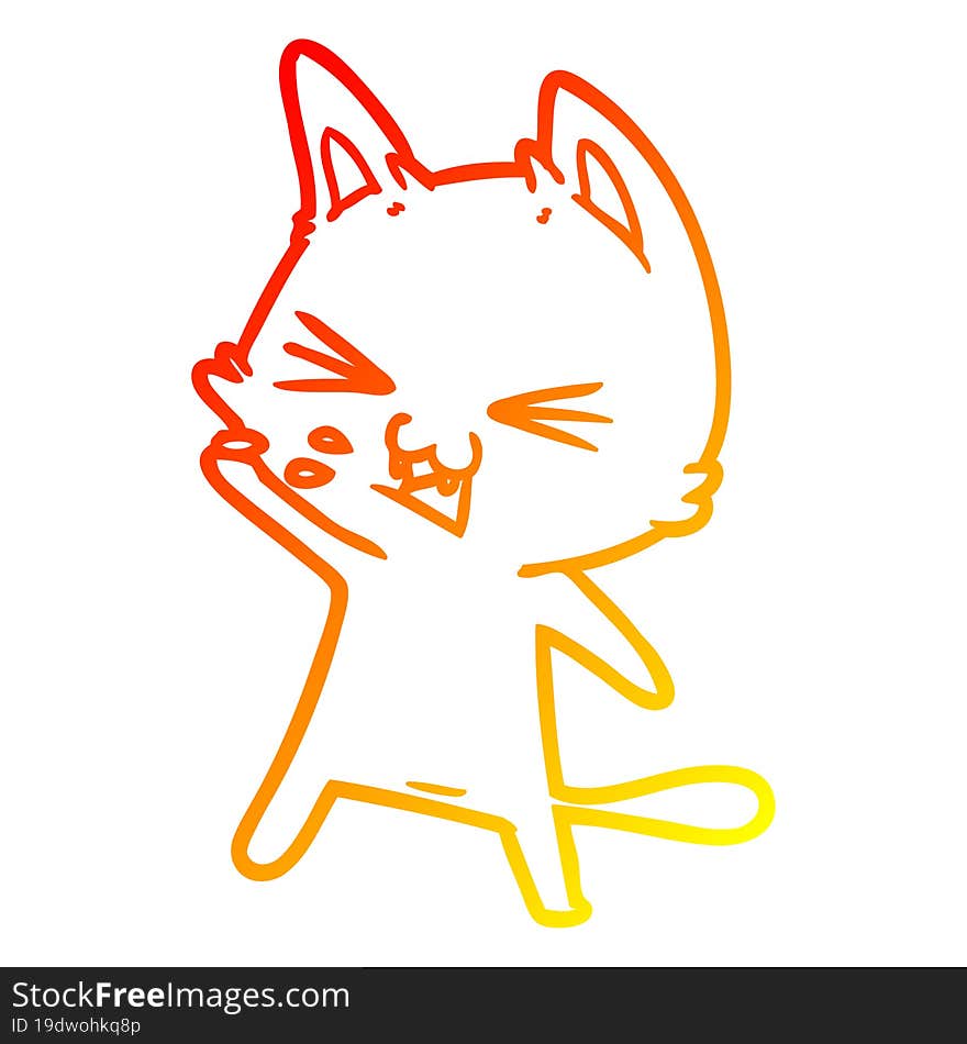 warm gradient line drawing of a cartoon cat hissing