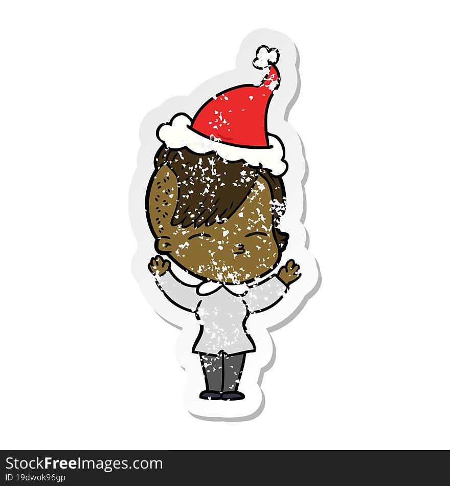 distressed sticker cartoon of a squinting girl wearing santa hat