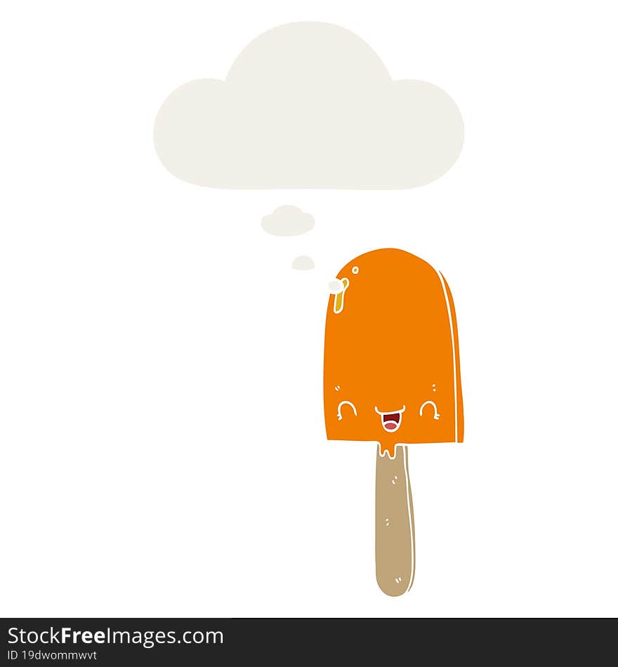 cartoon ice lolly with thought bubble in retro style