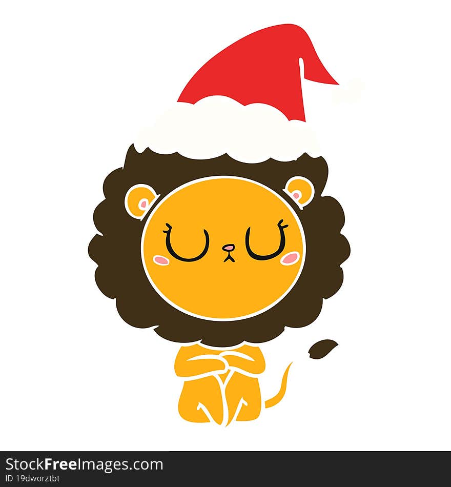 Flat Color Illustration Of A Lion Wearing Santa Hat