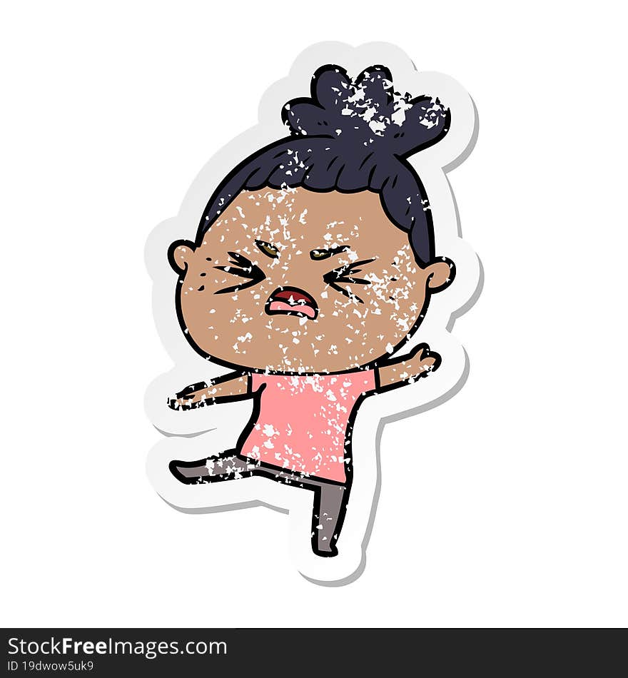 distressed sticker of a cartoon angry woman