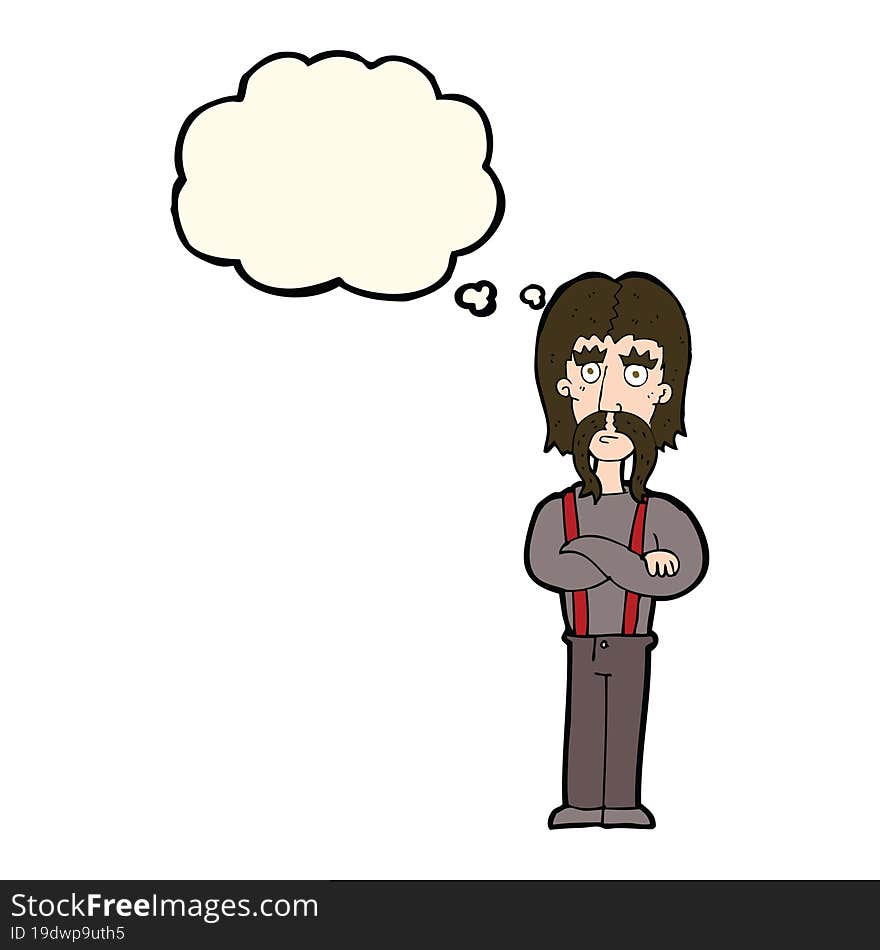 Cartoon Long Mustache Man With Folded Arms With Thought Bubble