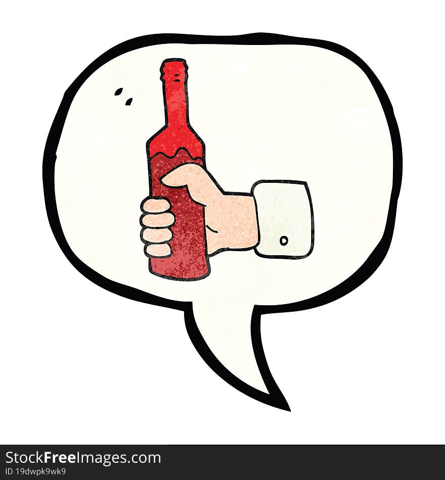 speech bubble textured cartoon hand holding bottle of wine