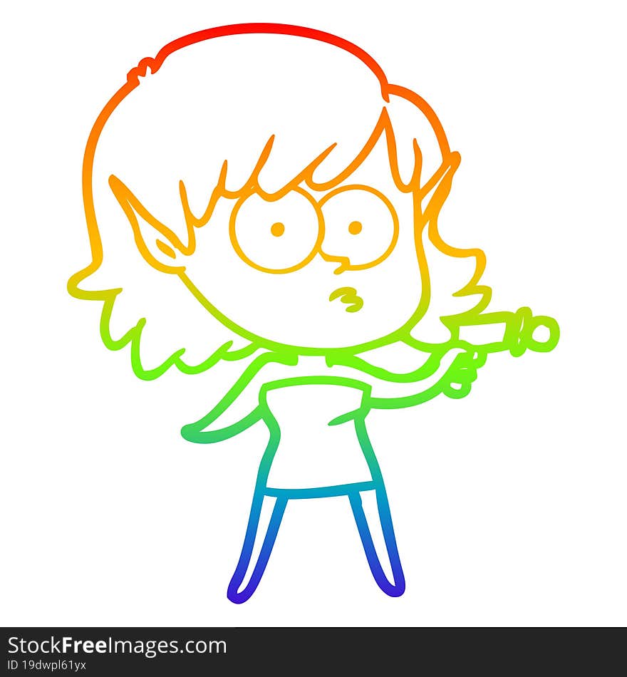 rainbow gradient line drawing of a cartoon elf girl with ray gun