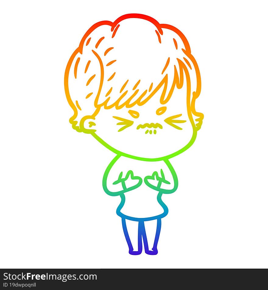 rainbow gradient line drawing cartoon frustrated woman