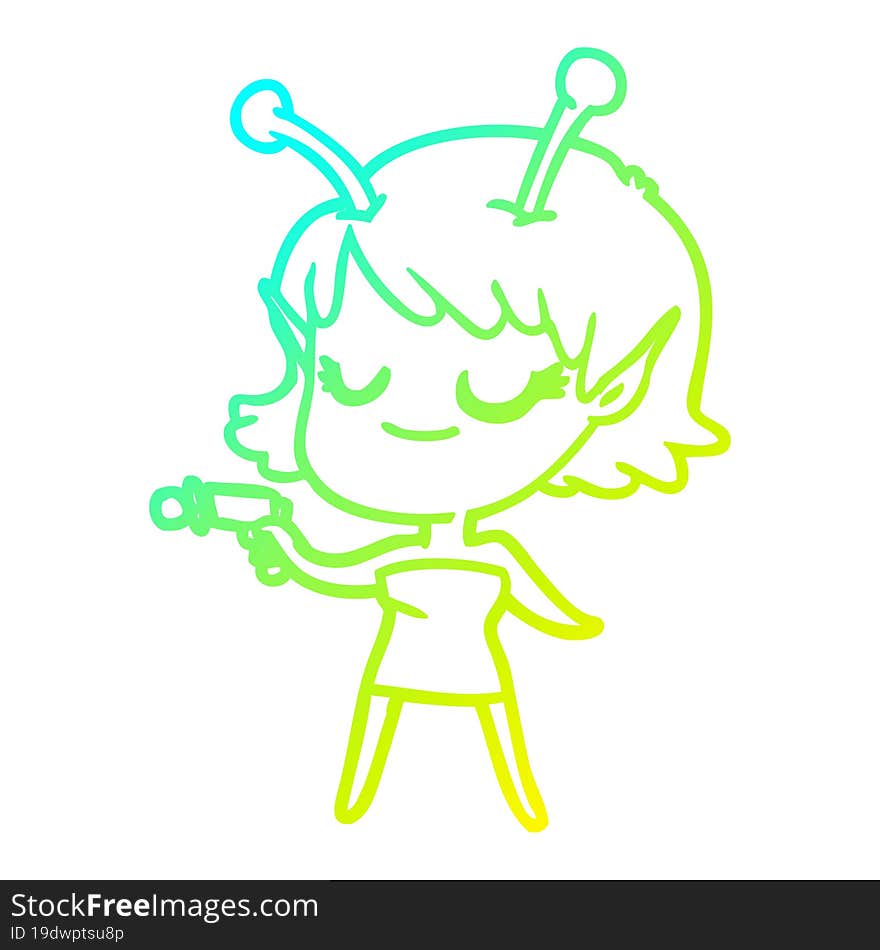 cold gradient line drawing of a smiling alien girl cartoon pointing ray gun