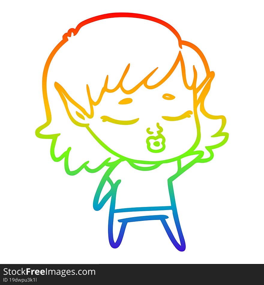 rainbow gradient line drawing of a pretty cartoon elf girl