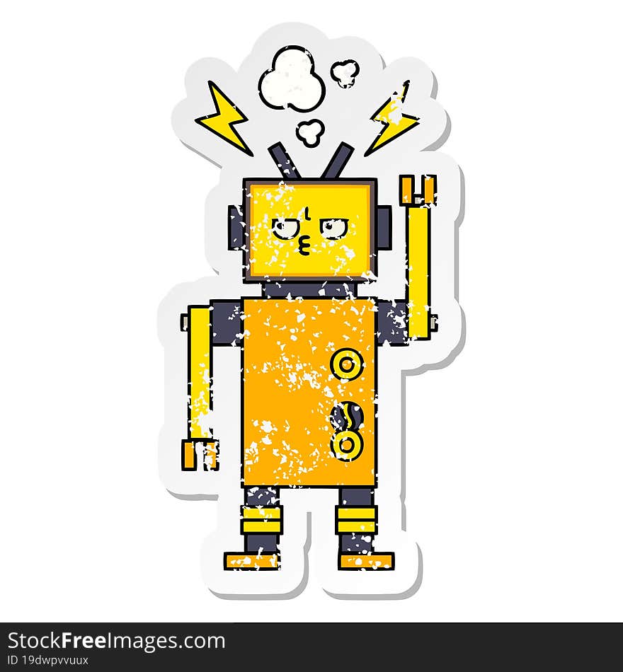 Distressed Sticker Of A Cute Cartoon Malfunctioning Robot