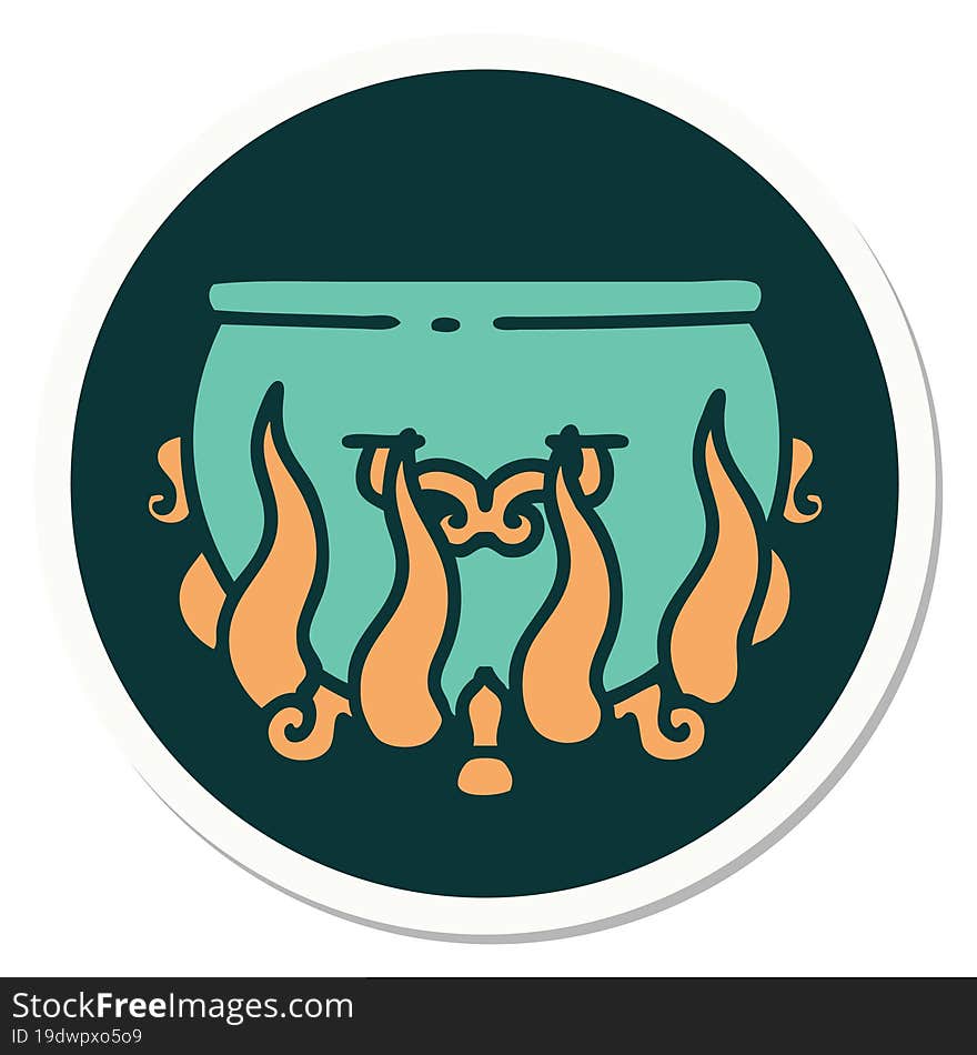 tattoo style sticker of lit cauldron