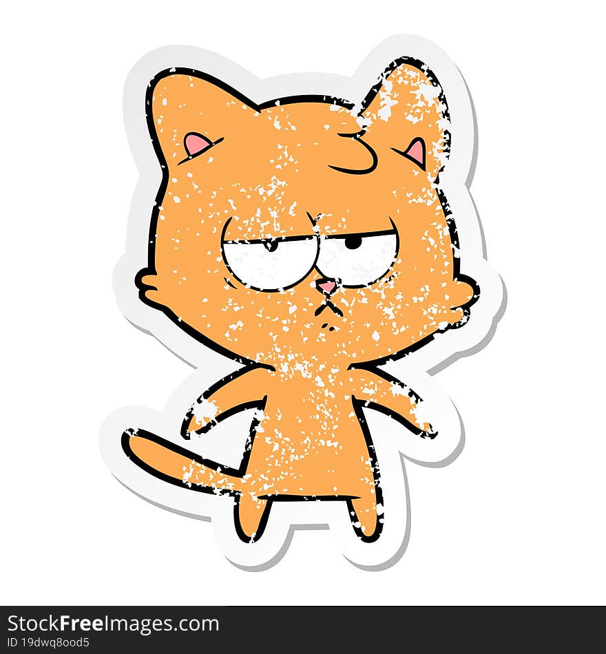 distressed sticker of a bored cartoon cat