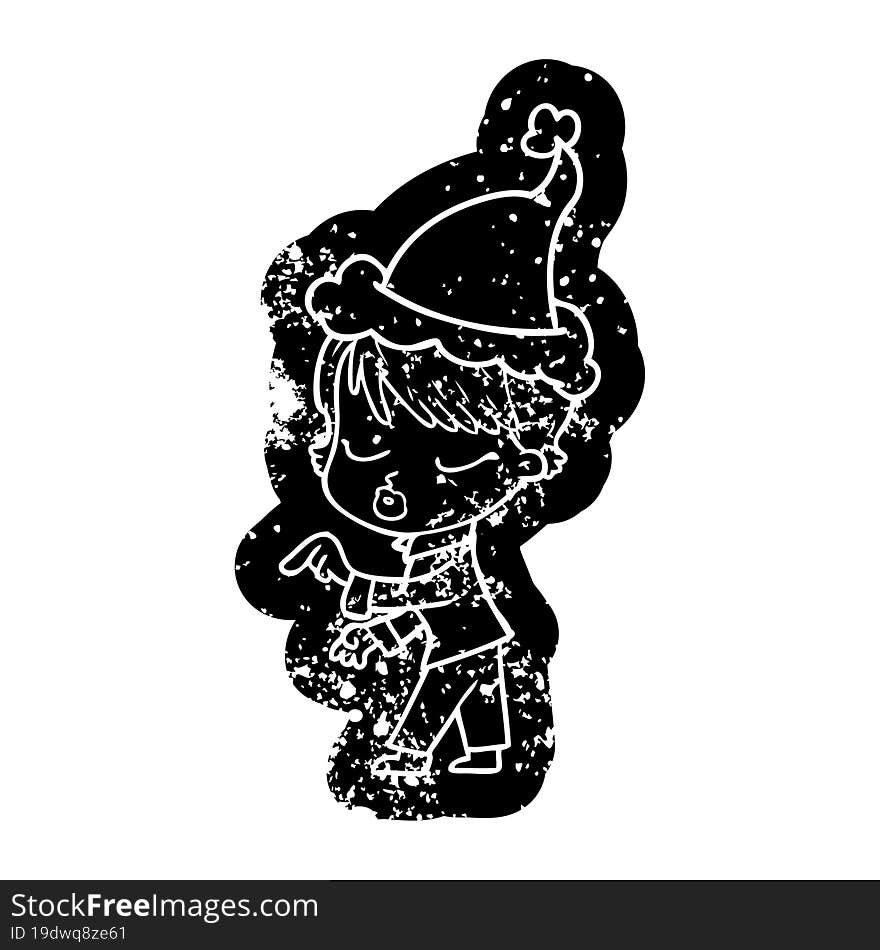 quirky cartoon distressed icon of a woman with eyes shut wearing santa hat