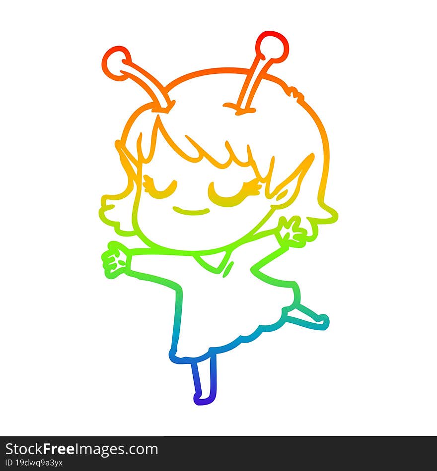 rainbow gradient line drawing of a smiling alien girl cartoon dancing