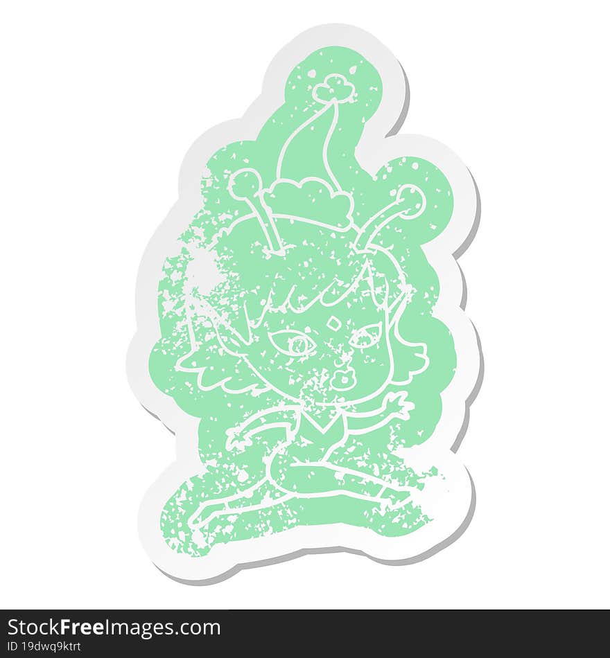 pretty cartoon distressed sticker of a alien girl running wearing santa hat