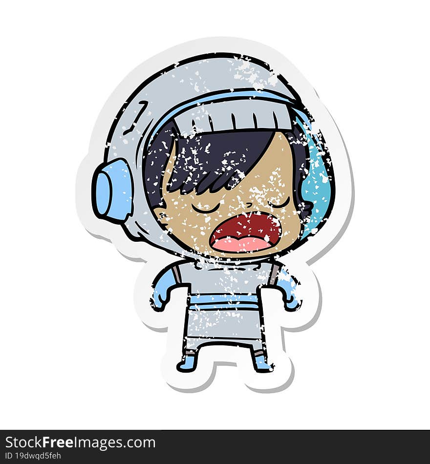 Distressed Sticker Of A Cartoon Astronaut Woman Explaining