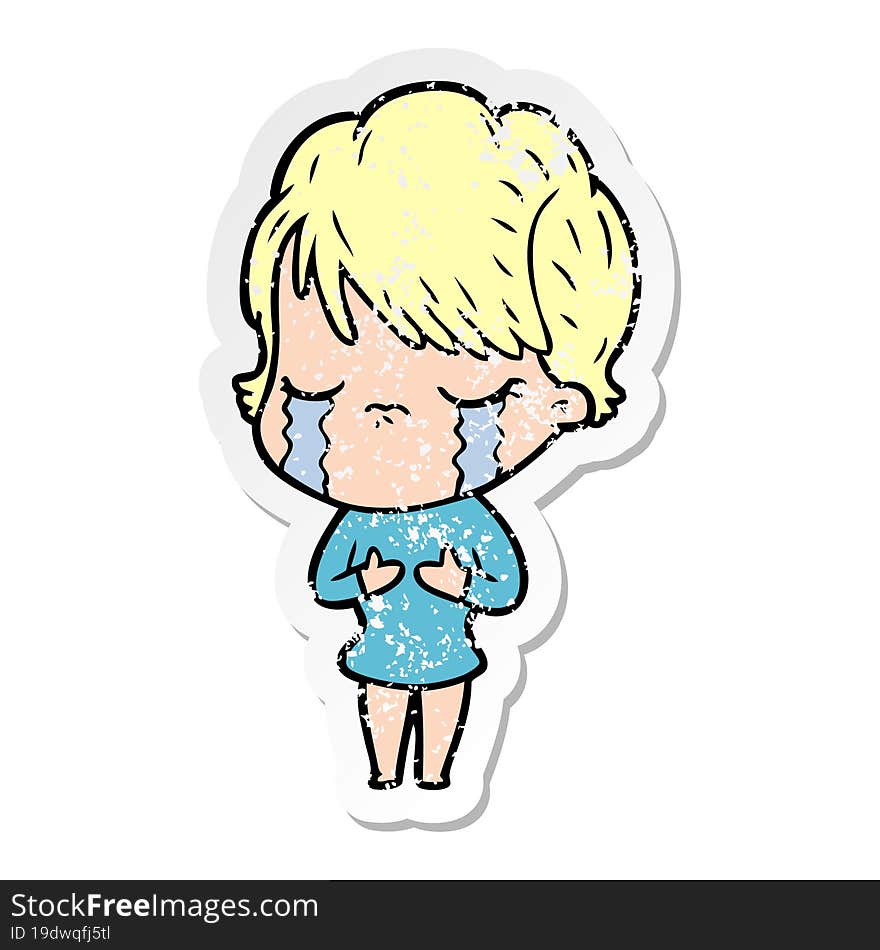 distressed sticker of a cartoon woman crying