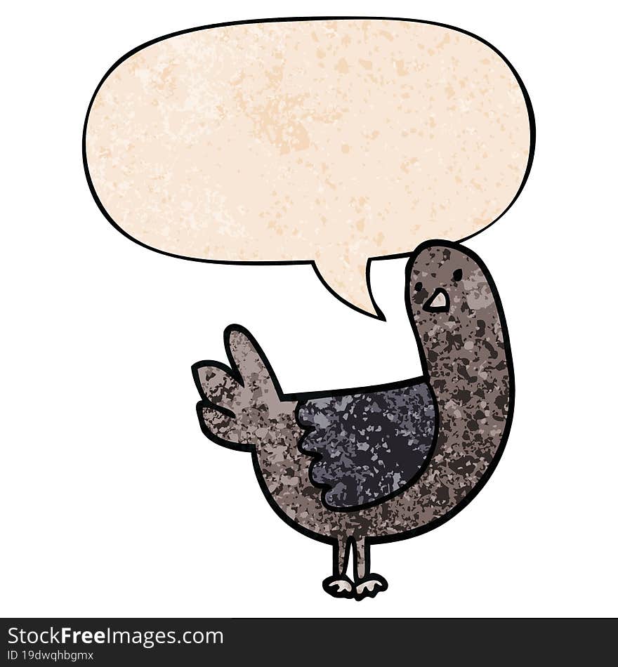 cartoon pigeon and speech bubble in retro texture style