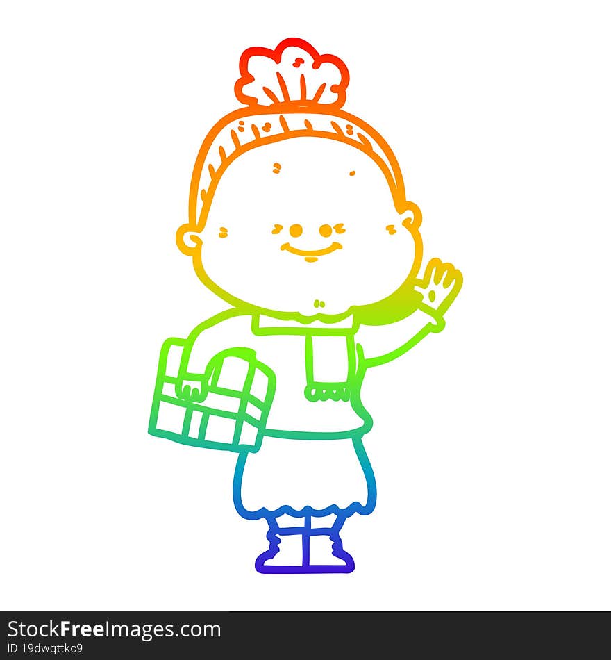 rainbow gradient line drawing cartoon happy old woman