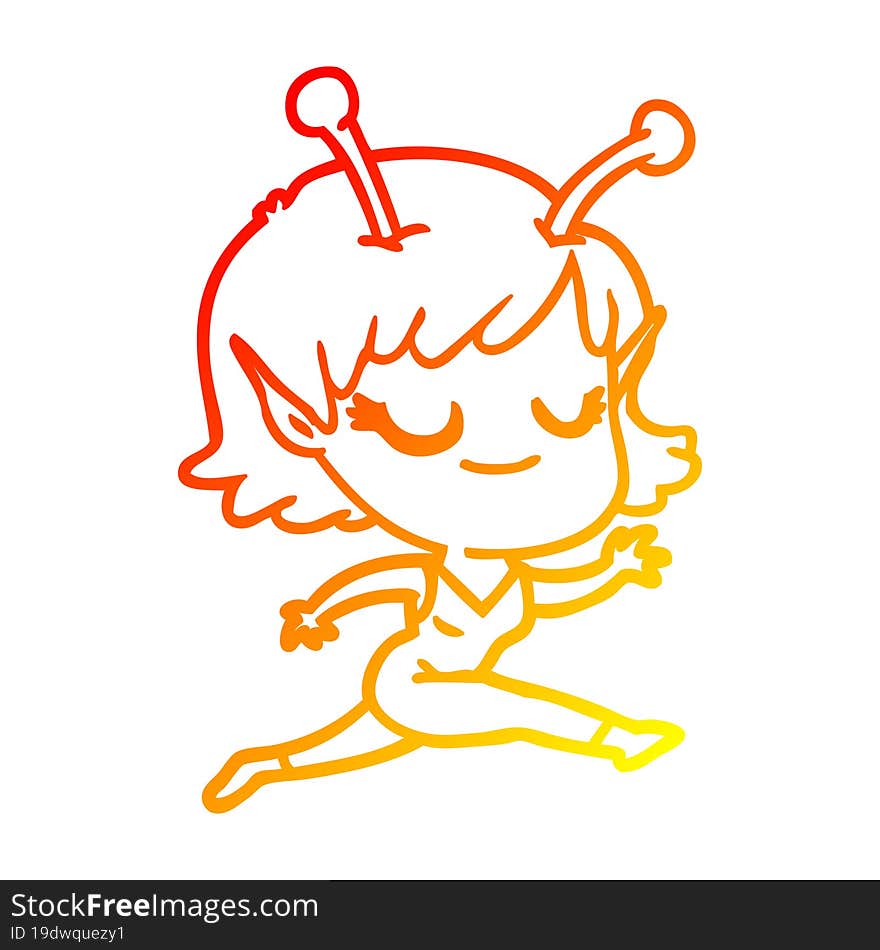 warm gradient line drawing smiling alien girl cartoon running