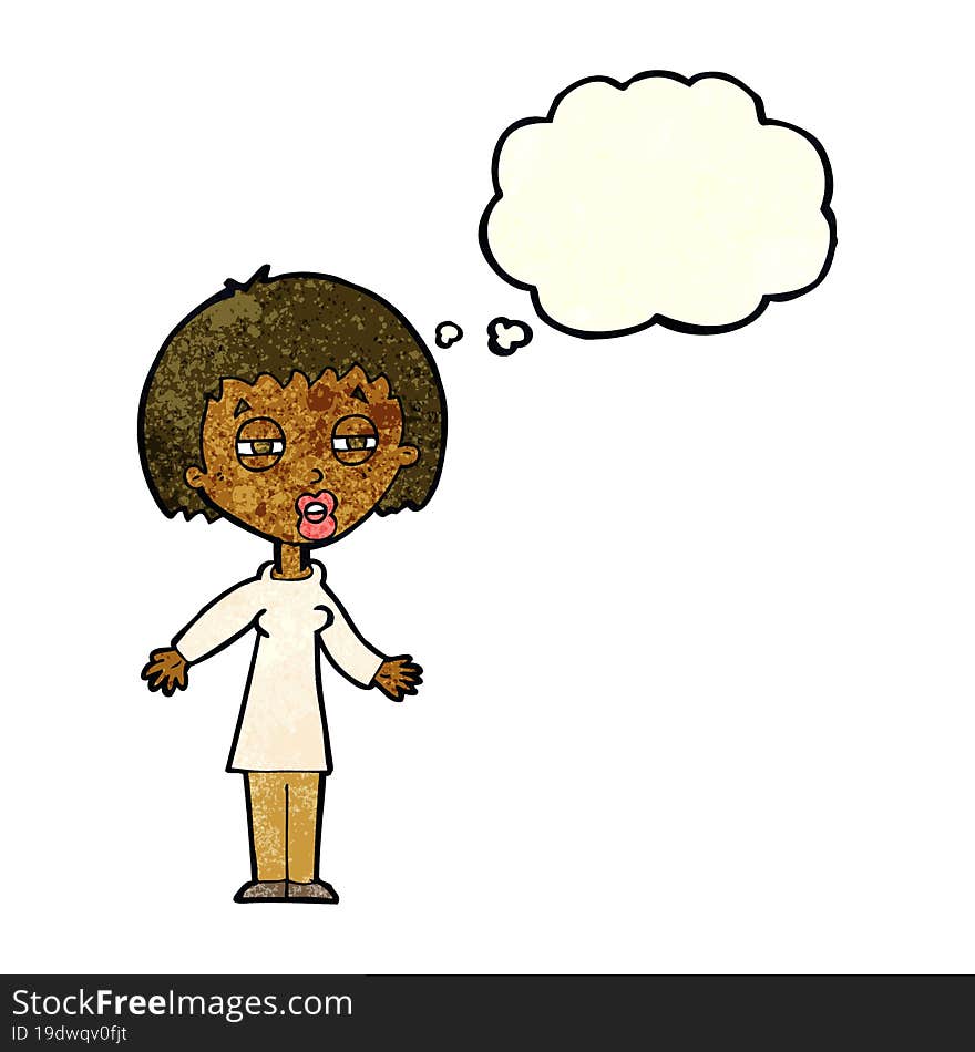 cartoon tired woman with thought bubble