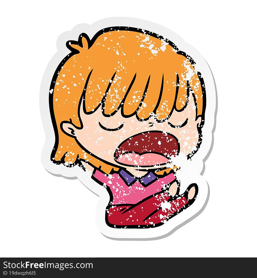 Distressed Sticker Of A Cartoon Woman Talking Loudly