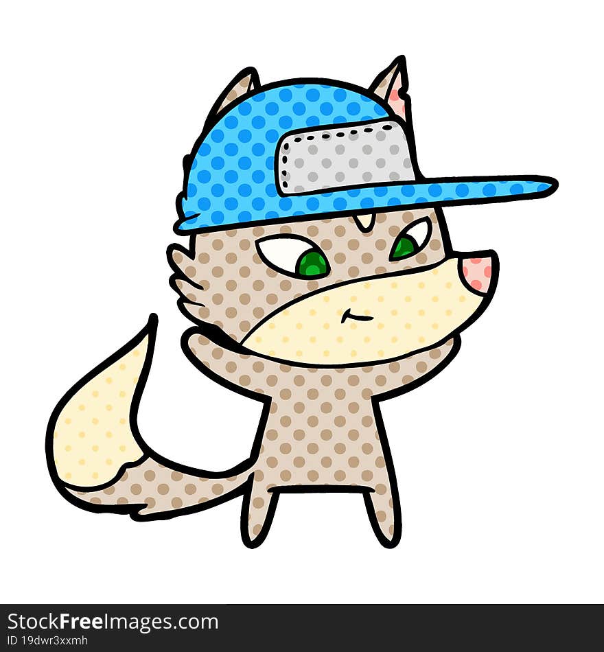 friendly cartoon wolf wearing trucker cap. friendly cartoon wolf wearing trucker cap